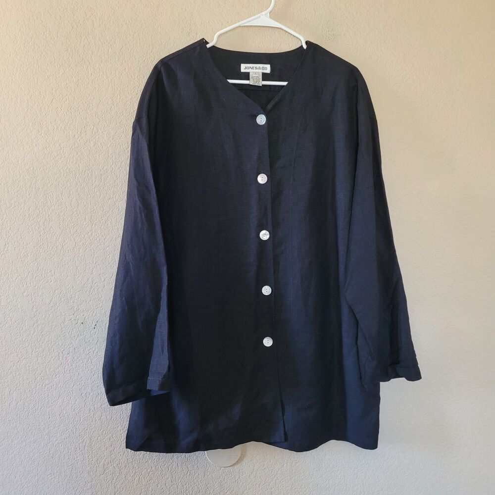 Jones&Co Womens Black Button Up Linen Blend Lagenlook Shirt Blouse Size Large